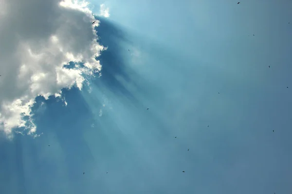 Chmury Niebieskim Niebie Promieniami Słońca Rozbłyskiem Soczewki — Zdjęcie stockowe