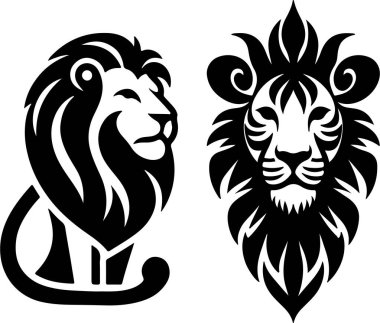 Two stylized lion designs black and white majestic animals clipart