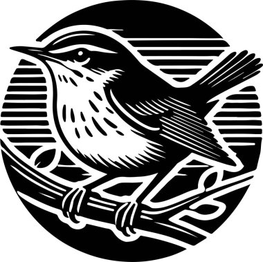 A stylized black and white bird perched on a branch against a striped background clipart