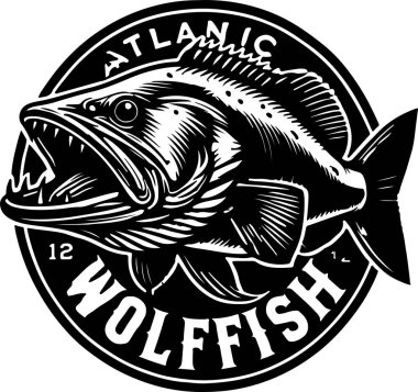 Atlantic Wolfish Fish Emblem Black and White Design, clipart