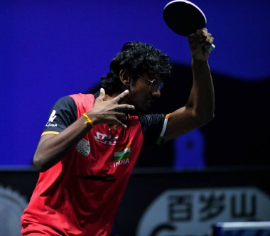 Chennai, Hindistan. 25 Mart 2025. Italys Carlo Rossi, Salı günü Hindistan 'ın Chennai kentinde oynanan WTT star yarışmasında Indias Prayesh Suresh' i 3-0 yendi..