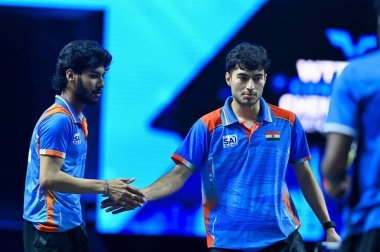 Chennai, Hindistan. 26 Mart 2025. Hintli çift Ankur Bhattacharjee ve Payas jain, İtalyan Carlo Rossi ve John Oyebode 'yi yenerek WTT yıldız yarışmacılarının birinci turunu kazandılar..