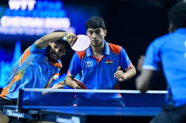 Chennai, Hindistan. 26 Mart 2025. Hintli çift Ankur Bhattacharjee ve Payas jain, İtalyan Carlo Rossi ve John Oyebode 'yi yenerek WTT yıldız yarışmacılarının birinci turunu kazandılar..