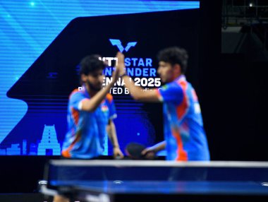 Chennai, Hindistan. 26 Mart 2025. Hintli çift Ankur Bhattacharjee ve Payas jain, İtalyan Carlo Rossi ve John Oyebode 'yi yenerek WTT yıldız yarışmacılarının birinci turunu kazandılar..