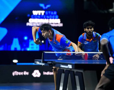 Chennai, Hindistan. 26 Mart 2025. Hintli çift Ankur Bhattacharjee ve Payas jain, İtalyan Carlo Rossi ve John Oyebode 'yi yenerek WTT yıldız yarışmacılarının birinci turunu kazandılar..