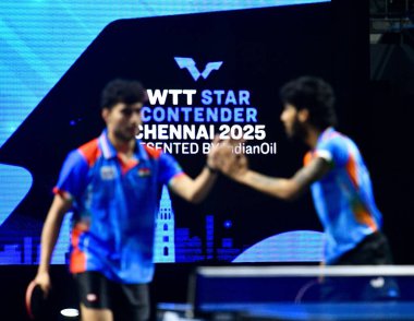 Chennai, Hindistan. 26 Mart 2025. Hintli çift Ankur Bhattacharjee ve Payas jain, İtalyan Carlo Rossi ve John Oyebode 'yi yenerek WTT yıldız yarışmacılarının birinci turunu kazandılar..