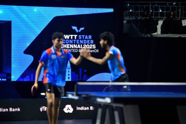 Chennai, Hindistan. 26 Mart 2025. Hintli çift Ankur Bhattacharjee ve Payas jain, İtalyan Carlo Rossi ve John Oyebode 'yi yenerek WTT yıldız yarışmacılarının birinci turunu kazandılar..