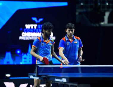 Chennai, Hindistan. 26 Mart 2025. Hintli çift Ankur Bhattacharjee ve Payas jain, İtalyan Carlo Rossi ve John Oyebode 'yi yenerek WTT yıldız yarışmacılarının birinci turunu kazandılar..