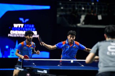 Chennai, Hindistan. 26 Mart 2025. Hintli çift Ankur Bhattacharjee ve Payas jain, İtalyan Carlo Rossi ve John Oyebode 'yi yenerek WTT yıldız yarışmacılarının birinci turunu kazandılar..