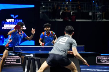 Chennai, Hindistan. 26 Mart 2025. Hintli çift Ankur Bhattacharjee ve Payas jain, İtalyan Carlo Rossi ve John Oyebode 'yi yenerek WTT yıldız yarışmacılarının birinci turunu kazandılar..