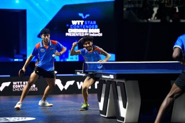 Chennai, Hindistan. 26 Mart 2025. Hintli çift Ankur Bhattacharjee ve Payas jain, İtalyan Carlo Rossi ve John Oyebode 'yi yenerek WTT yıldız yarışmacılarının birinci turunu kazandılar..