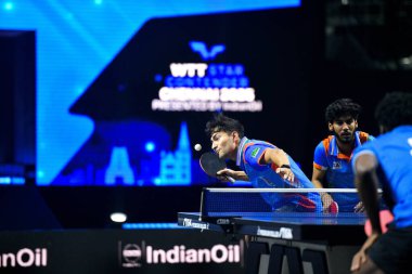 Chennai, Hindistan. 26 Mart 2025. Hintli çift Ankur Bhattacharjee ve Payas jain, İtalyan Carlo Rossi ve John Oyebode 'yi yenerek WTT yıldız yarışmacılarının birinci turunu kazandılar..