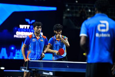 Chennai, Hindistan. 26 Mart 2025. Hintli çift Ankur Bhattacharjee ve Payas jain, İtalyan Carlo Rossi ve John Oyebode 'yi yenerek WTT yıldız yarışmacılarının birinci turunu kazandılar..