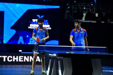 Chennai, Hindistan. 26 Mart 2025. Hintli çift Ankur Bhattacharjee ve Payas jain, İtalyan Carlo Rossi ve John Oyebode 'yi yenerek WTT yıldız yarışmacılarının birinci turunu kazandılar..