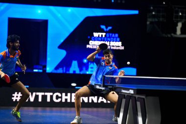 Chennai, Hindistan. 26 Mart 2025. Hintli çift Ankur Bhattacharjee ve Payas jain, İtalyan Carlo Rossi ve John Oyebode 'yi yenerek WTT yıldız yarışmacılarının birinci turunu kazandılar..