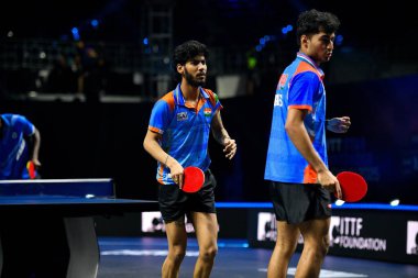 Chennai, Hindistan. 26 Mart 2025. Hintli çift Ankur Bhattacharjee ve Payas jain, İtalyan Carlo Rossi ve John Oyebode 'yi yenerek WTT yıldız yarışmacılarının birinci turunu kazandılar..