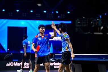 Chennai, Hindistan. 26 Mart 2025. Hintli çift Ankur Bhattacharjee ve Payas jain, İtalyan Carlo Rossi ve John Oyebode 'yi yenerek WTT yıldız yarışmacılarının birinci turunu kazandılar..