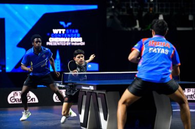 Chennai, Hindistan. 26 Mart 2025. Hintli çift Ankur Bhattacharjee ve Payas jain, İtalyan Carlo Rossi ve John Oyebode 'yi yenerek WTT yıldız yarışmacılarının birinci turunu kazandılar..