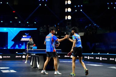 Chennai, Hindistan. 26 Mart 2025. Hintli çift Ankur Bhattacharjee ve Payas jain, İtalyan Carlo Rossi ve John Oyebode 'yi yenerek WTT yıldız yarışmacılarının birinci turunu kazandılar..