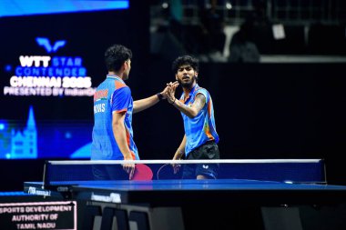 Chennai, Hindistan. 26 Mart 2025. Hintli çift Ankur Bhattacharjee ve Payas jain, İtalyan Carlo Rossi ve John Oyebode 'yi yenerek WTT yıldız yarışmacılarının birinci turunu kazandılar..