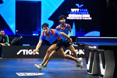 Chennai, Hindistan. 26 Mart 2025. Hintli çift Ankur Bhattacharjee ve Payas jain, İtalyan Carlo Rossi ve John Oyebode 'yi yenerek WTT yıldız yarışmacılarının birinci turunu kazandılar..