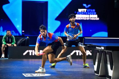 Chennai, Hindistan. 26 Mart 2025. Hintli çift Ankur Bhattacharjee ve Payas jain, İtalyan Carlo Rossi ve John Oyebode 'yi yenerek WTT yıldız yarışmacılarının birinci turunu kazandılar..