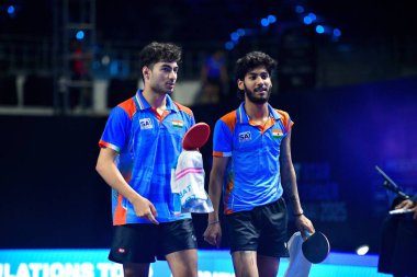 Chennai, Hindistan. 26 Mart 2025. Hintli çift Ankur Bhattacharjee ve Payas jain, İtalyan Carlo Rossi ve John Oyebode 'yi yenerek WTT yıldız yarışmacılarının birinci turunu kazandılar..