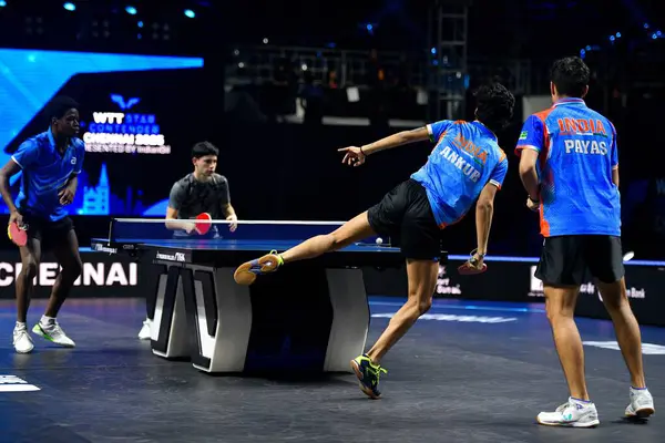 Chennai, Hindistan. 26 Mart 2025. Hintli çift Ankur Bhattacharjee ve Payas jain, İtalyan Carlo Rossi ve John Oyebode 'yi yenerek WTT yıldız yarışmacılarının birinci turunu kazandılar..