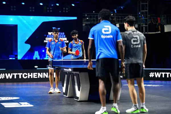 Chennai, Hindistan. 26 Mart 2025. Hintli çift Ankur Bhattacharjee ve Payas jain, İtalyan Carlo Rossi ve John Oyebode 'yi yenerek WTT yıldız yarışmacılarının birinci turunu kazandılar..