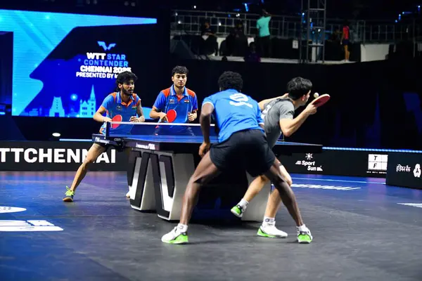 Chennai, Hindistan. 26 Mart 2025. Hintli çift Ankur Bhattacharjee ve Payas jain, İtalyan Carlo Rossi ve John Oyebode 'yi yenerek WTT yıldız yarışmacılarının birinci turunu kazandılar..