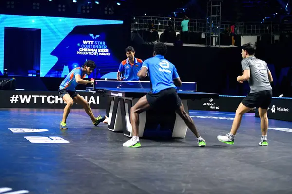 Chennai, Hindistan. 26 Mart 2025. Hintli çift Ankur Bhattacharjee ve Payas jain, İtalyan Carlo Rossi ve John Oyebode 'yi yenerek WTT yıldız yarışmacılarının birinci turunu kazandılar..