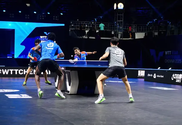 Chennai, Hindistan. 26 Mart 2025. Hintli çift Ankur Bhattacharjee ve Payas jain, İtalyan Carlo Rossi ve John Oyebode 'yi yenerek WTT yıldız yarışmacılarının birinci turunu kazandılar..