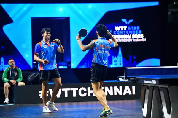 Chennai, Hindistan. 26 Mart 2025. Hintli çift Ankur Bhattacharjee ve Payas jain, İtalyan Carlo Rossi ve John Oyebode 'yi yenerek WTT yıldız yarışmacılarının birinci turunu kazandılar..