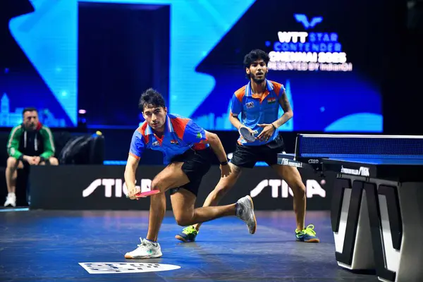 Chennai, Hindistan. 26 Mart 2025. Hintli çift Ankur Bhattacharjee ve Payas jain, İtalyan Carlo Rossi ve John Oyebode 'yi yenerek WTT yıldız yarışmacılarının birinci turunu kazandılar..