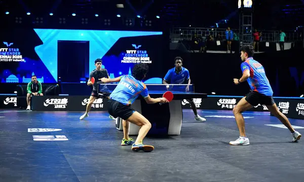 Chennai, Hindistan. 26 Mart 2025. Hintli çift Ankur Bhattacharjee ve Payas jain, İtalyan Carlo Rossi ve John Oyebode 'yi yenerek WTT yıldız yarışmacılarının birinci turunu kazandılar..