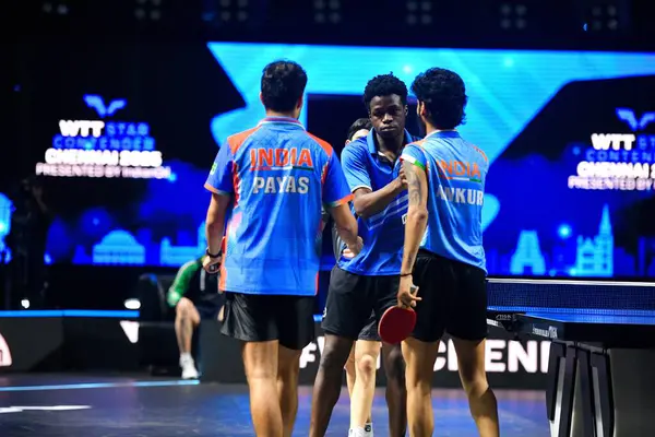 Chennai, Hindistan. 26 Mart 2025. Hintli çift Ankur Bhattacharjee ve Payas jain, İtalyan Carlo Rossi ve John Oyebode 'yi yenerek WTT yıldız yarışmacılarının birinci turunu kazandılar..