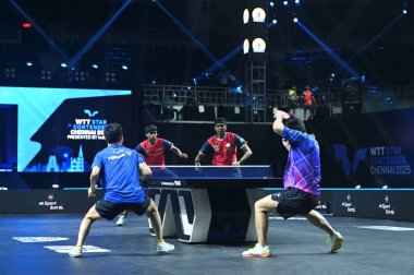 Chennai, Hindistan. 27 Mart 2025. Hintli çift Sharath Achanta ve Snehit Suravajjula, Avustralyalı çift Nicholas Lum ve Finn Luu 'yu yendi.