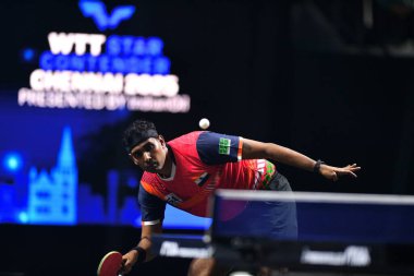 Chennai, Hindistan. 27 Mart 2025. Hintli çift Sharath Achanta ve Snehit Suravajjula, Avustralyalı çift Nicholas Lum ve Finn Luu 'yu yendi.