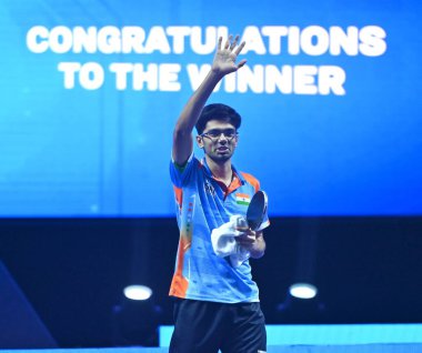 Chennai, Hindistan. 29 Mart 2025. Hintli oyuncu Manav Thakkar, Kore 'li oyuncu Lim Jonghoon' u erkekler tekler çeyrek finalinde yendi.