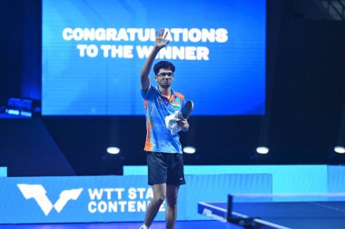 Chennai, Hindistan. 29 Mart 2025. Hintli oyuncu Manav Thakkar, Kore 'li oyuncu Lim Jonghoon' u erkekler tekler çeyrek finalinde yendi.