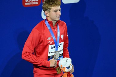 Singapur, Singapur. 30 Temmuz 2025. Luca Urlando Phelps, Krzysztof CHMIELEWSKI (POL) gümüş, Harrison TURNER (AUS) ise Singapur 2025 Dünya Sucul Şampiyonası 'nda bronz madalya aldı..