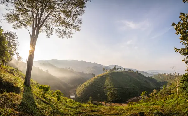 Güzel bir gün batımı ve arka planda yeşil bir dağ var.