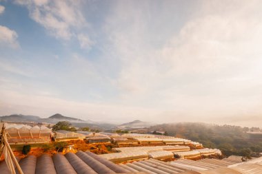 Güneşli ve sisli dağların üzerinde güzel bir güneşin doğuşunu gösteren hava aracı.