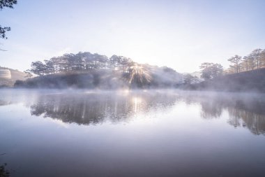 Güzel sonbahar manzarası Ağaçlar ve sisli gölde