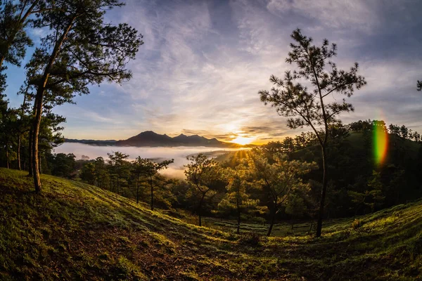 Schöner Sonnenaufgang Morgennebel Den Bergen — Stockfoto
