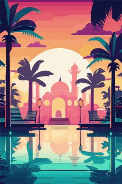 Güneşle birlikte denizin arka planındaki güzel günbatımının vektör çizimi