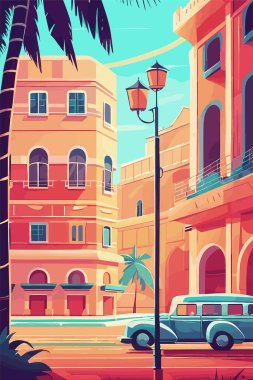 Avuç içi ve arabalı vektör caddesi. Sokakta eski model arabalı eski bir illüstrasyon.