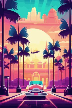 Palm Park 'ta gün batımında araba, vektör illüstrasyonu,