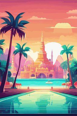 Tropik sahilde günbatımı ve palmiye ağaçları, vektör illüstrasyonu