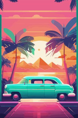Palmiye ağaçları olan klasik arabanın vektör çizimi, hedef rehberi posteri